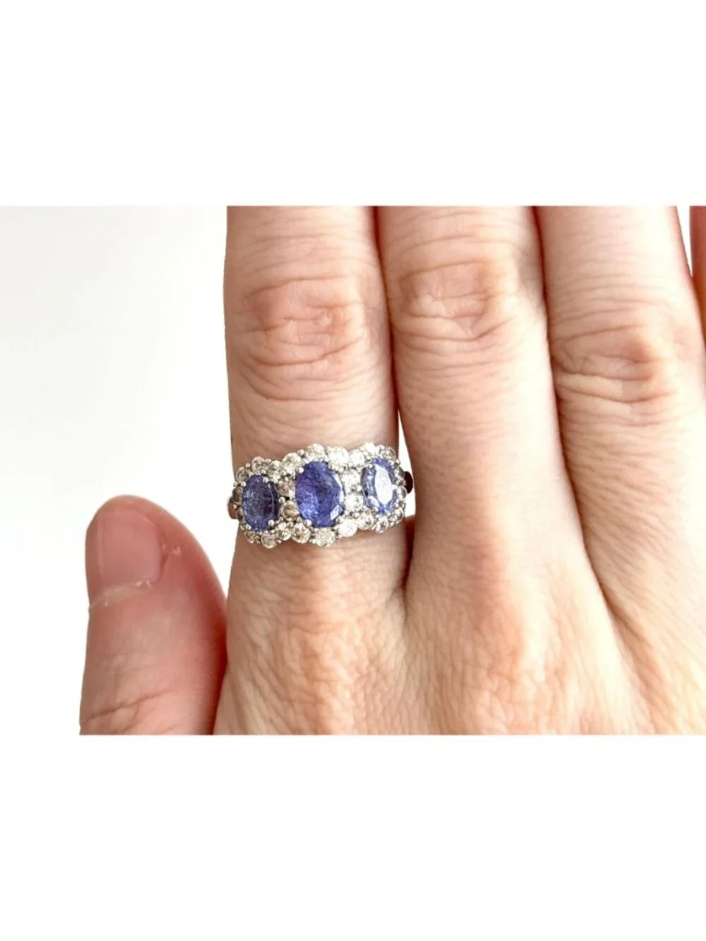 Tanzanite Gemstone Triple Oval Cut Halo Sterling Silver 925 Vintage Ring - sz 8